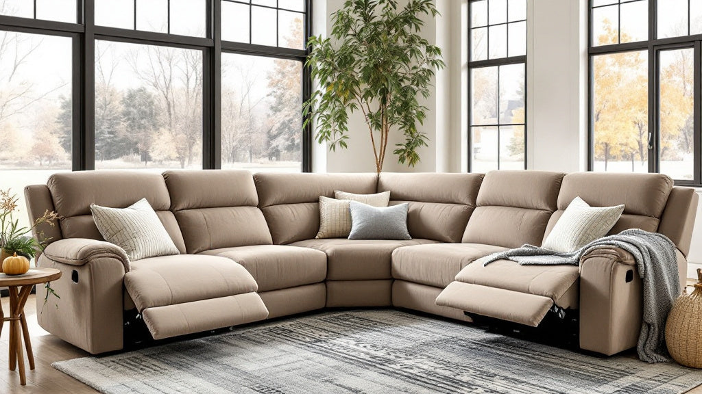 Taupe L-shaped reclining sectional with two footrests open, ideal for reclining sectional covers