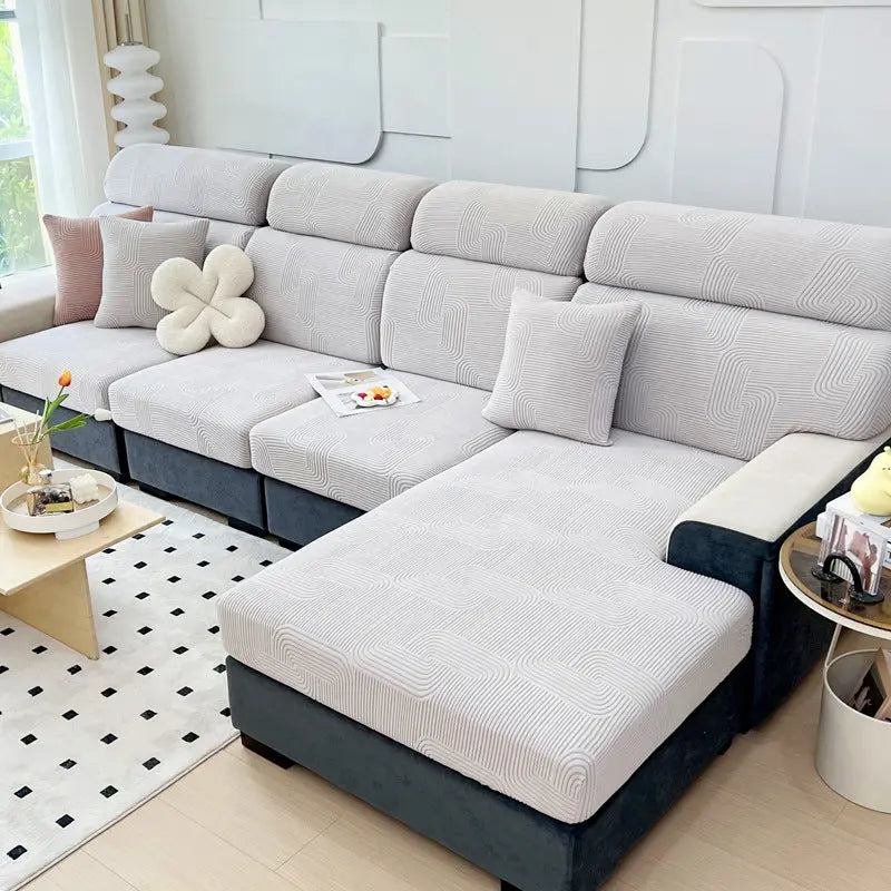 Sofa Seat Cover Stretch Jacquard SOLENE Melody White Gray-Increase S
