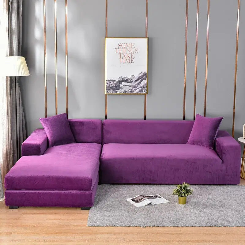 Corner Sofa Cover Velvet Stretchable LUMIÈRE Silver Fox Velvet Purple-Single 90 140cm
