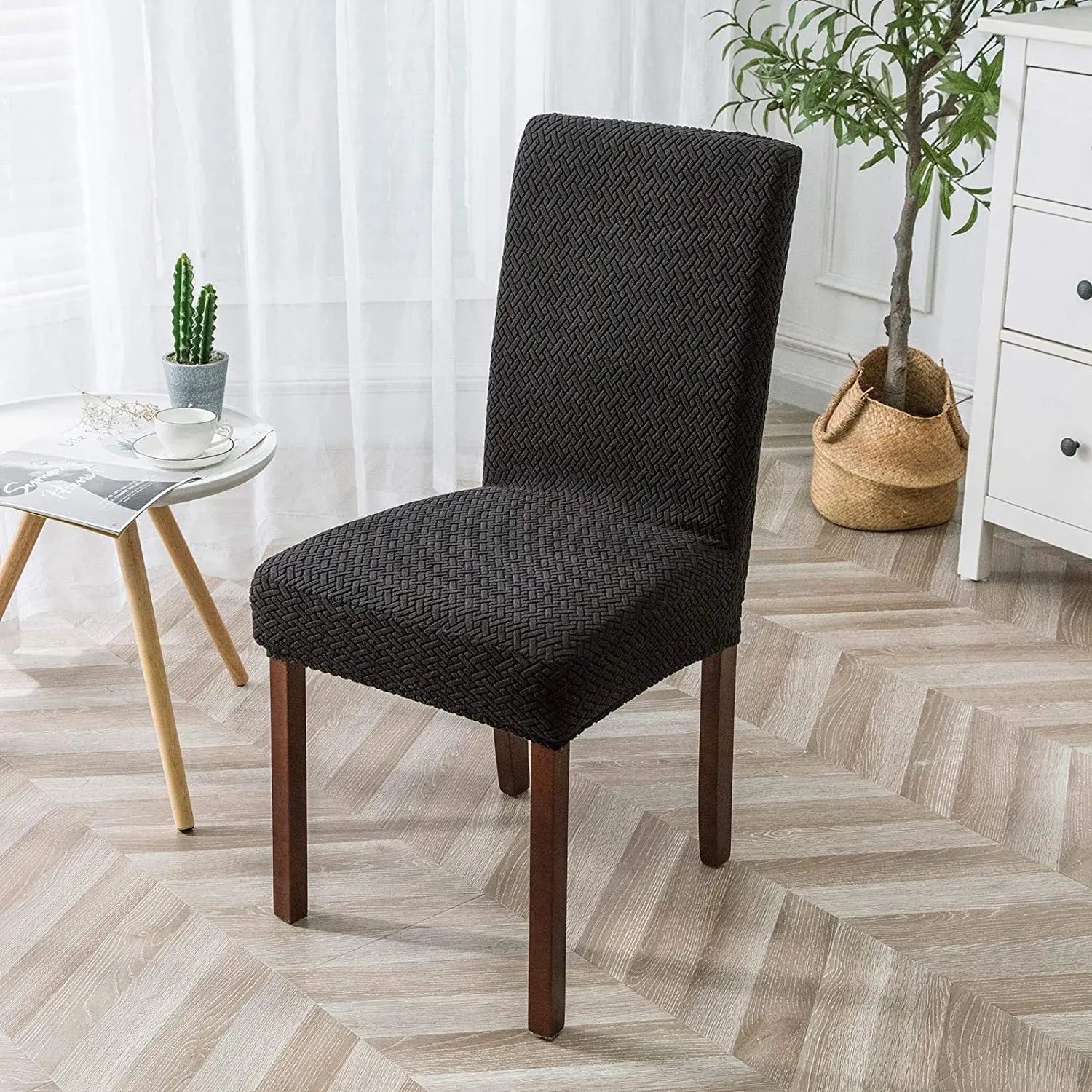 Dining Chair Covers Plaid Jacquard LUMIEREA Black-M
