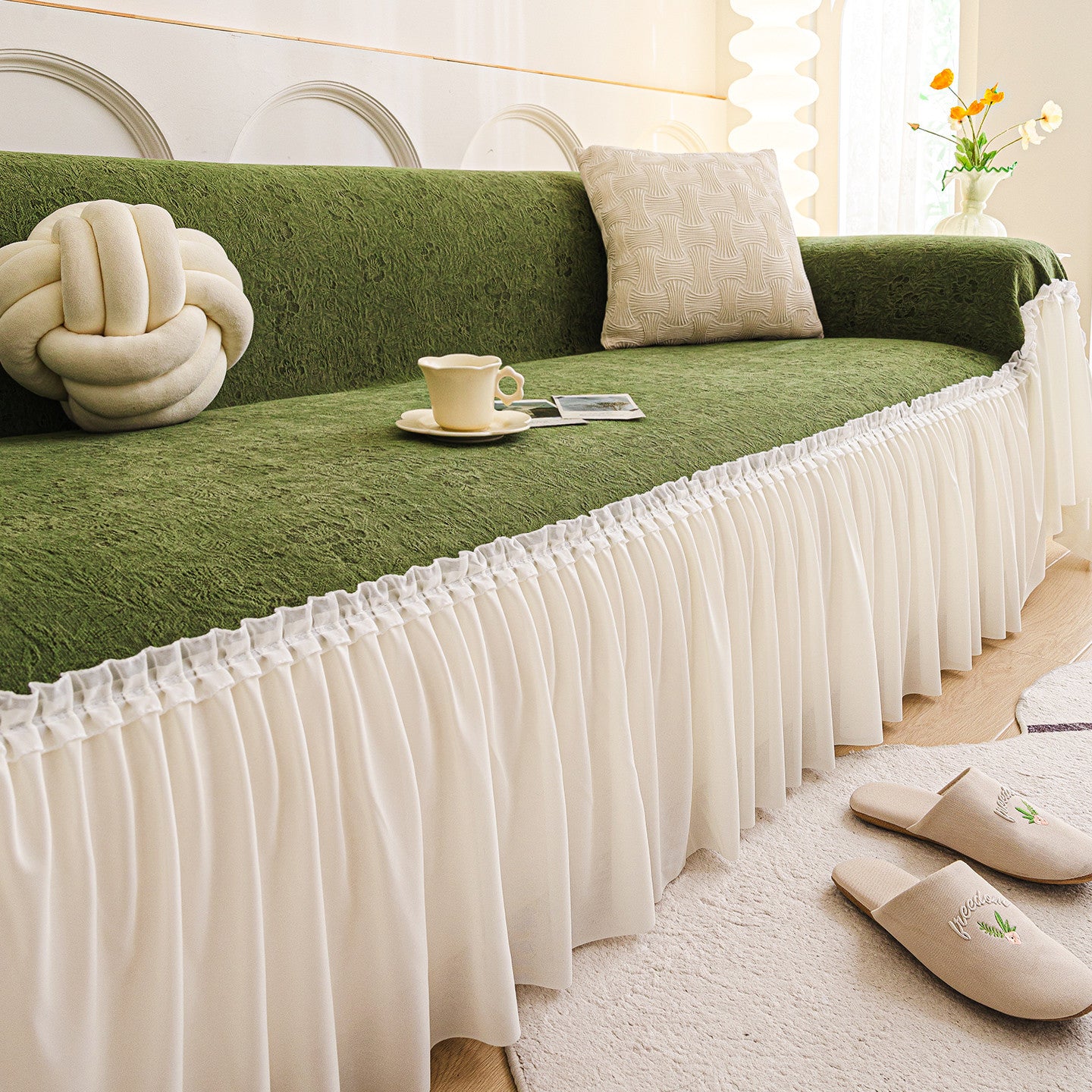 Lace Sofa Cover Chenille Full-Cover FLORETTE Matcha Green-180X130cm