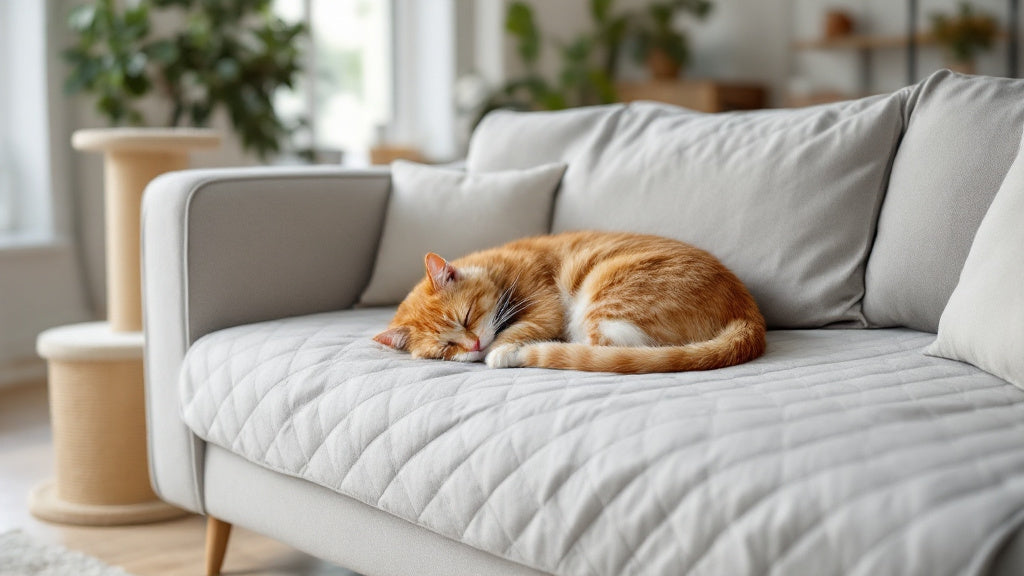 Cat asleep on a cat scratch proof sofa cover in a bright modern living room