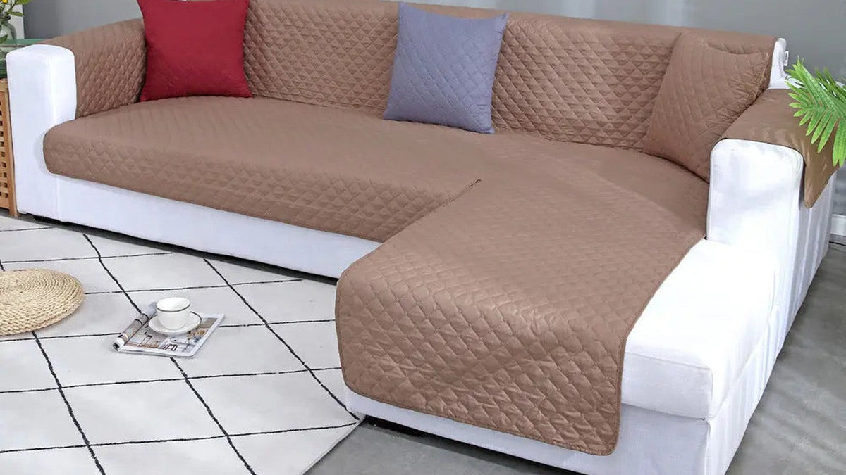 Waterproof sectional covers protecting an L-shaped couch with chaise from pet fur and stains - FrenchCovers