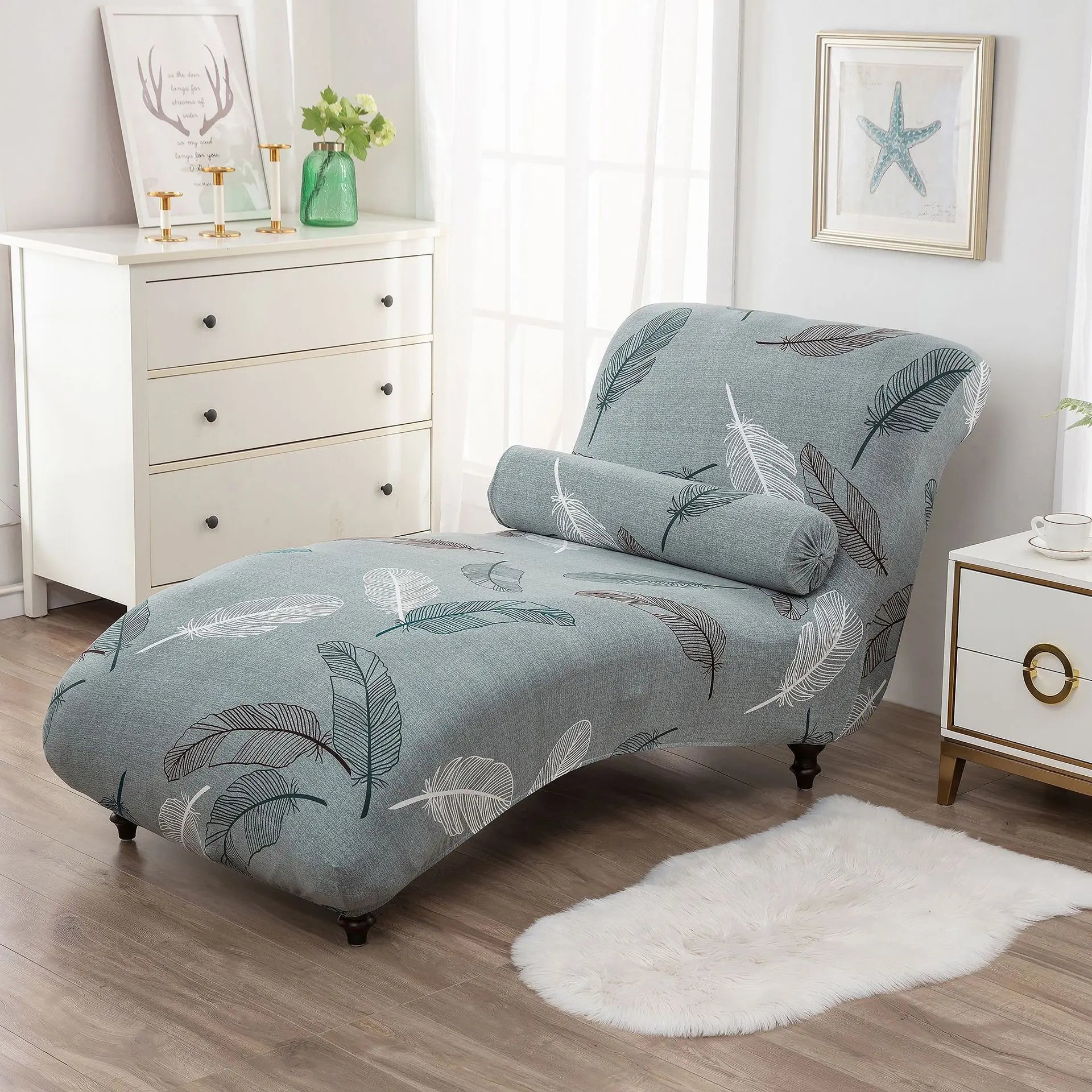 Chaise Lounge Slipcove Stretch Pet-Friendly LUMIELA Feather Leaf Green-2PCS Recliner Cover Pillowcase