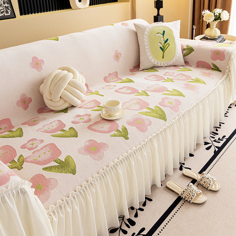 Lace Sofa Cover Chenille Full-Cover Aurore Pink-180X340cm
