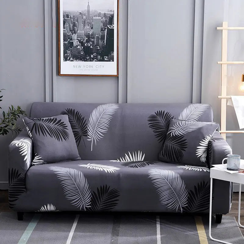 Loveseat Cover Stretch Pet-Friendly LUMIÈRE Black feather leaf-Single seat 90 140cm-With 2pillowcases