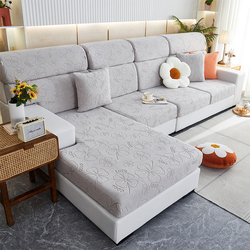 Sectional Sofa Seat Cover Non-Slip Floral LUCETTE Four Leaf Clover Gray White-L Code
