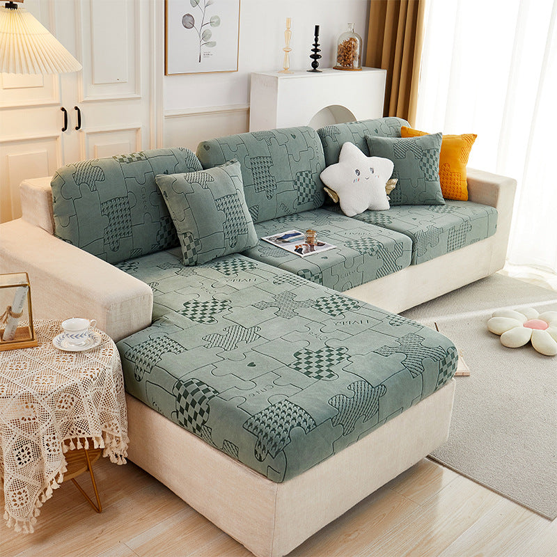 Sofa Cushion Cover Stretch Velvet CELINE Jigsaw Bean Green-XL