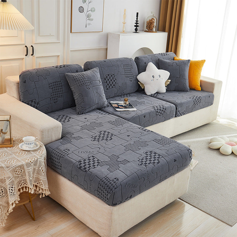 Sofa Cushion Cover Stretch Velvet CELINE Jigsaw Dark Grey-L