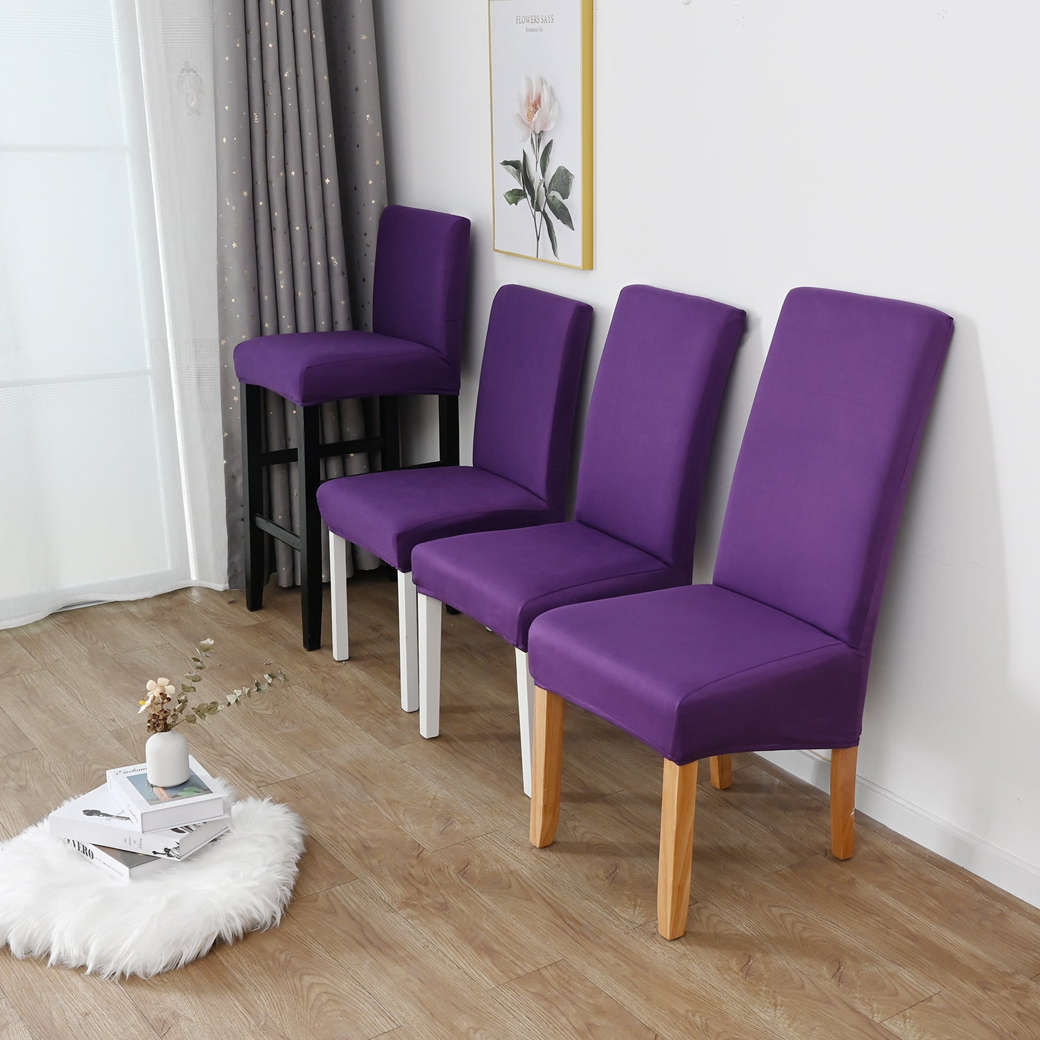 Dining Chair Cover Stretch Polyester LUMIERA Purple-L