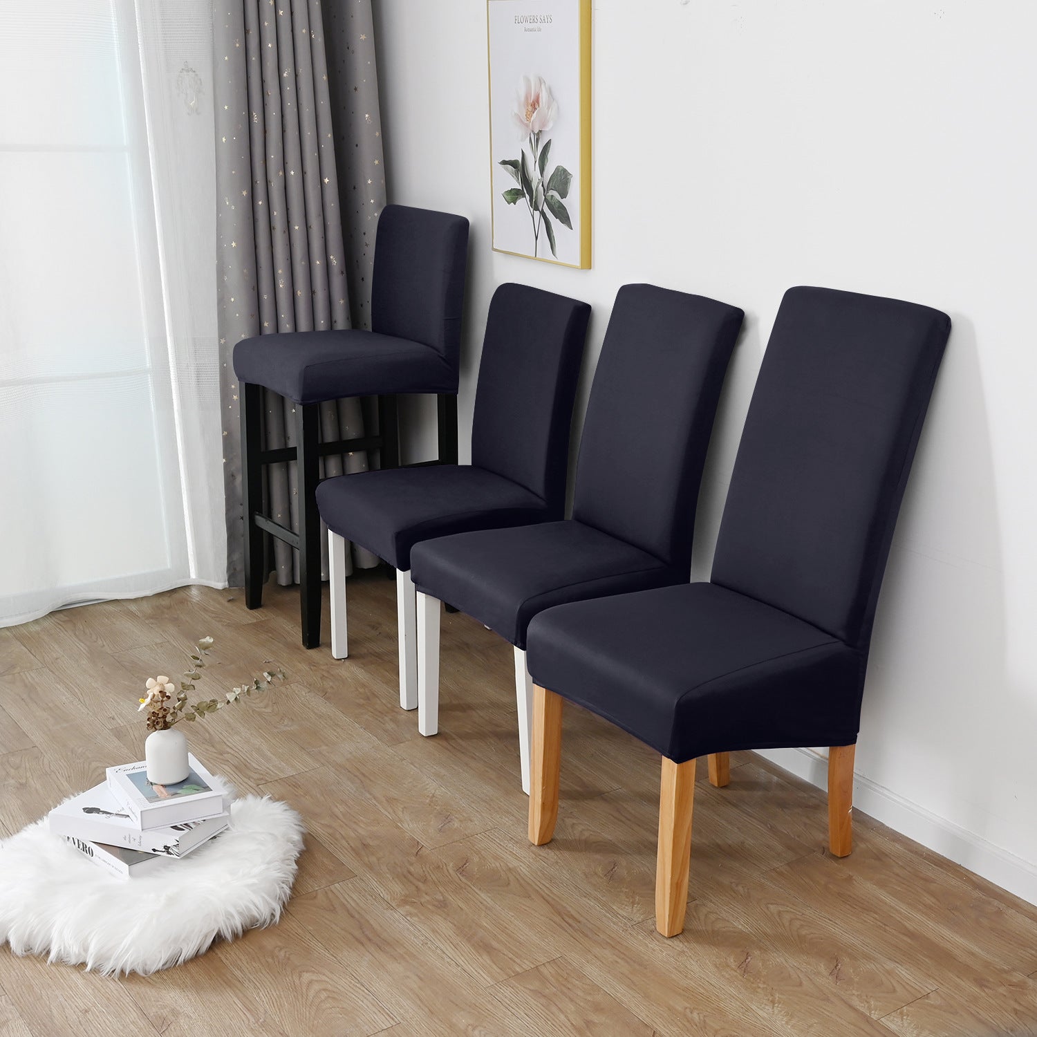 Dining Chair Cover Stretch Polyester LUMIERA Navy Blue-XL