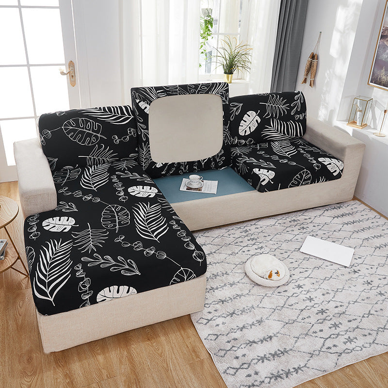 Sofa Seat Cover Stretch Fit ÉLODIE Printed Black Leaf-Single Length 50 63