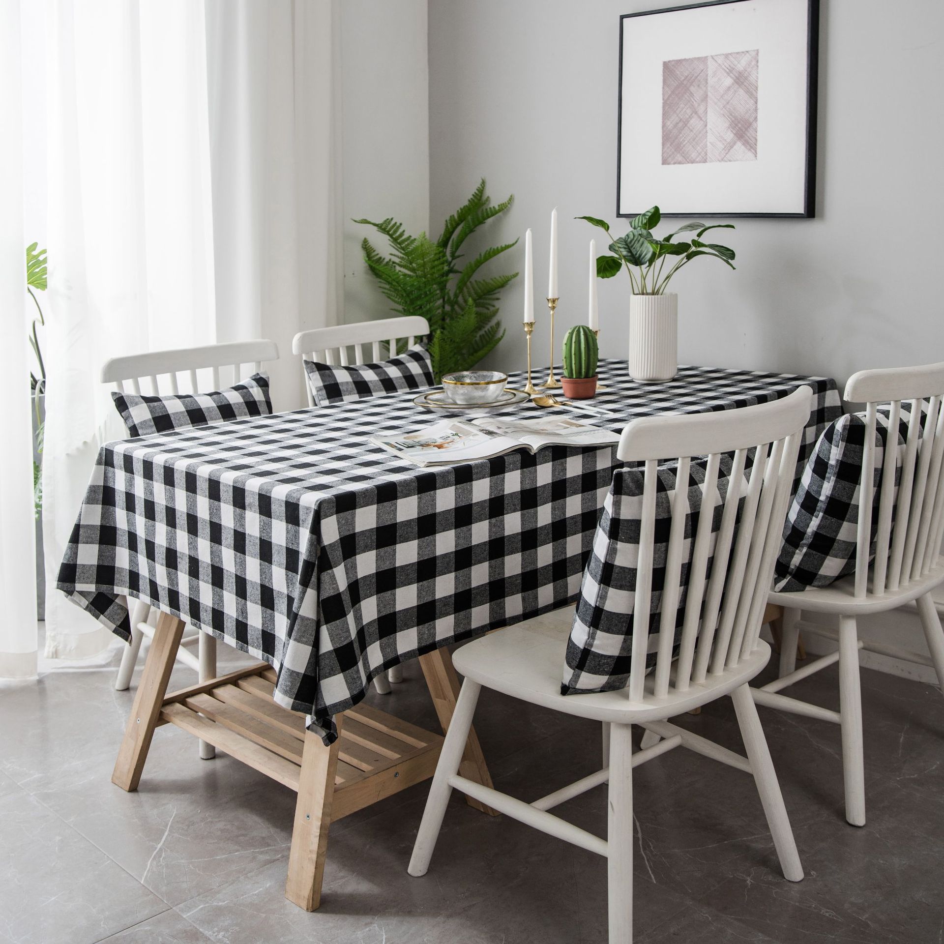 Table Cloth Cotton Plaid Lavande Black and white-140X160cm