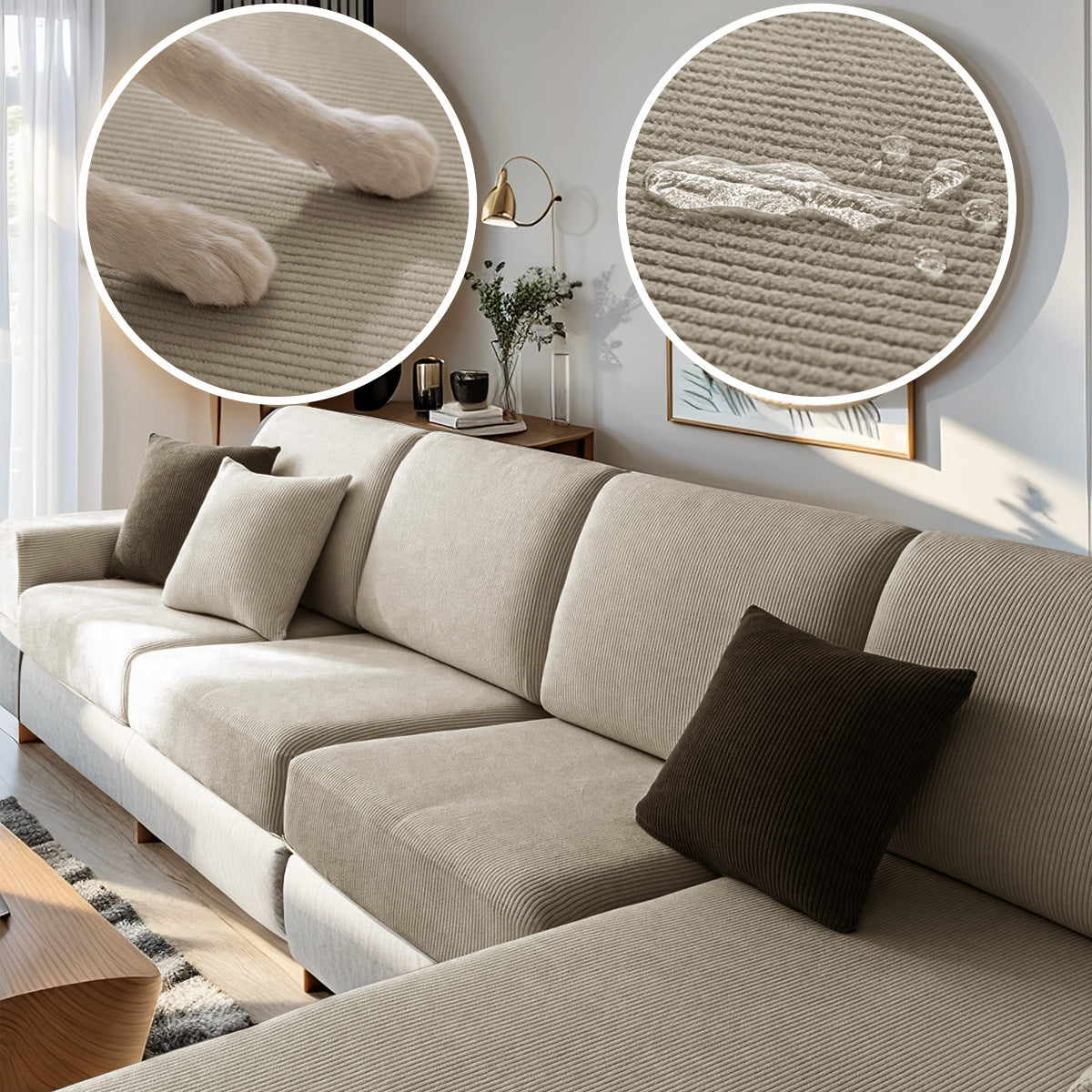 Sectional Sofa Seat Cover Waterproof Velvet Élodie Khaki-Two