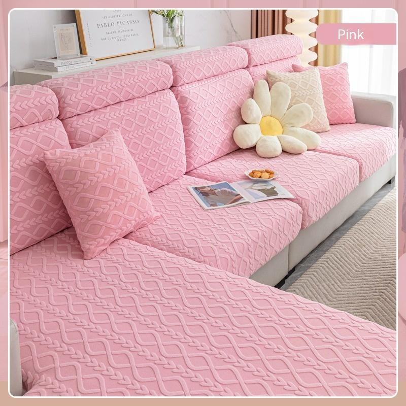 Sofa Cushion Cover Jacquard Velvet Stretchable CELINE Qingbo Cherry Pink-M 50to65x80to100x5to20cm