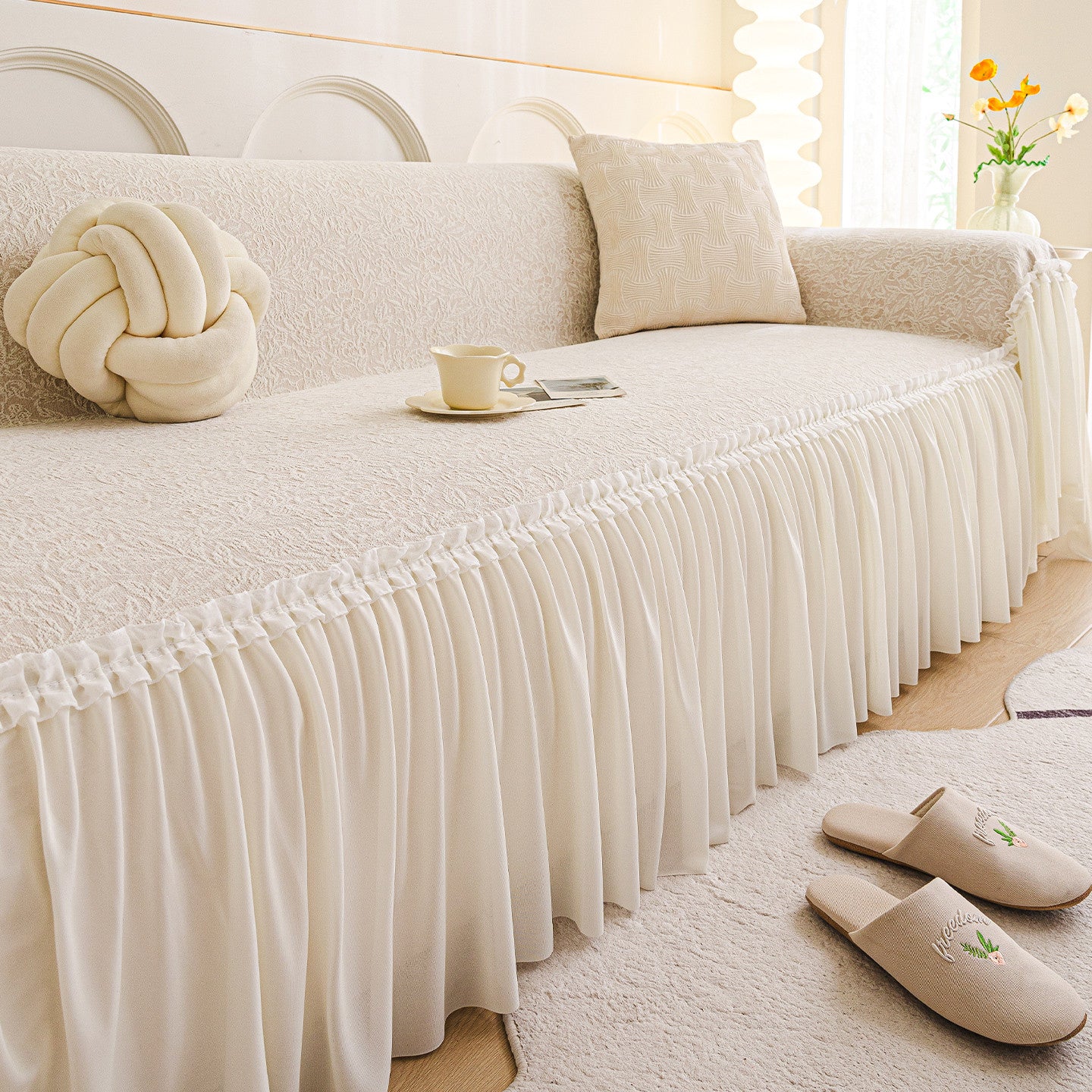 Lace Sofa Cover Chenille Full-Cover FLORETTE Cream White-180X340cm