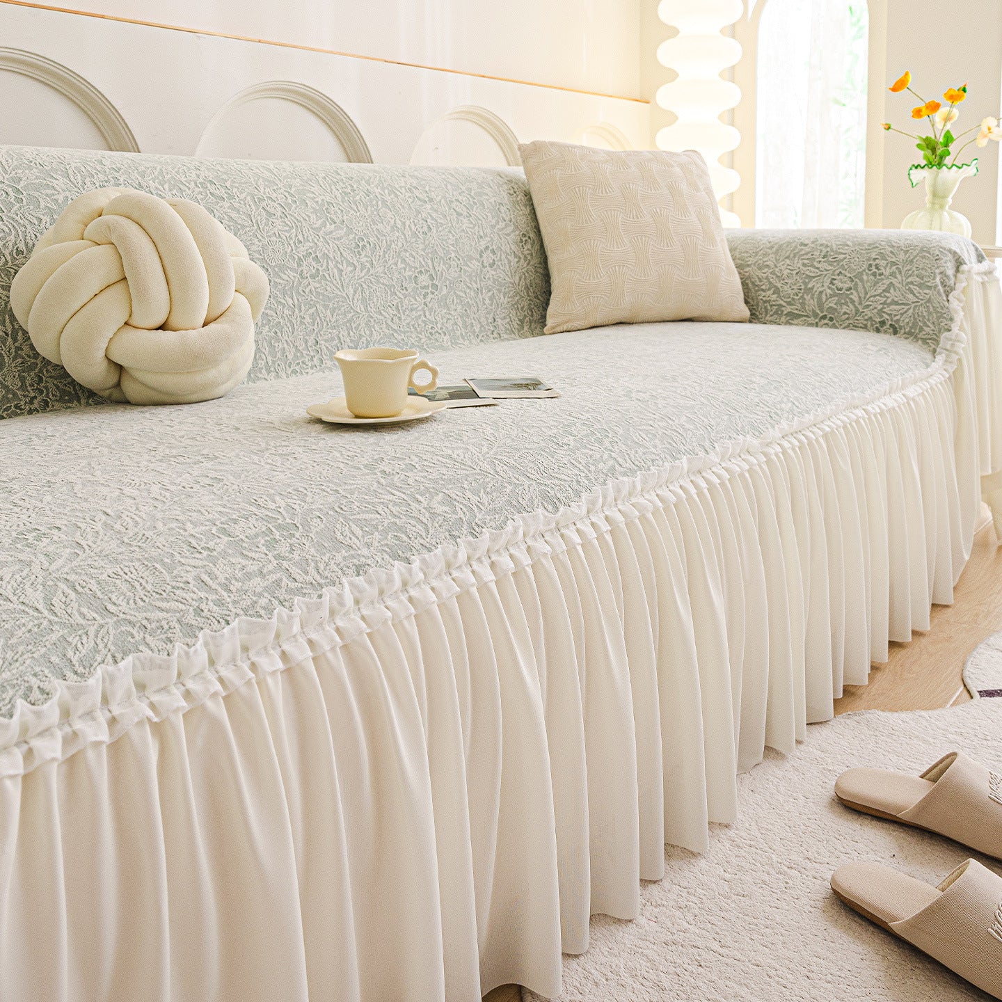 Lace Sofa Cover Chenille Full-Cover FLORETTE Light Green-180X420cm