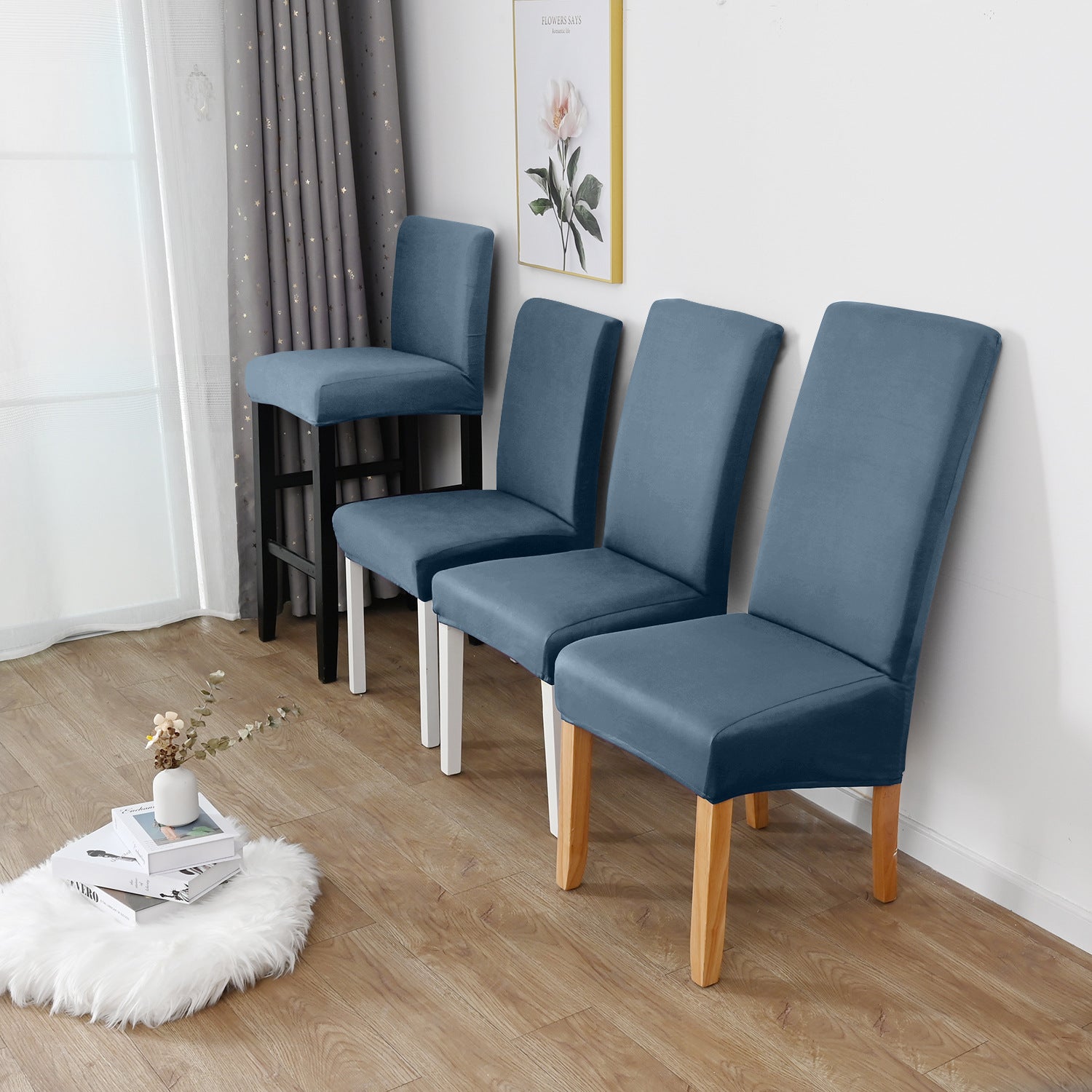 Dining Chair Cover Stretch Polyester LUMIERA Blue grey-XL