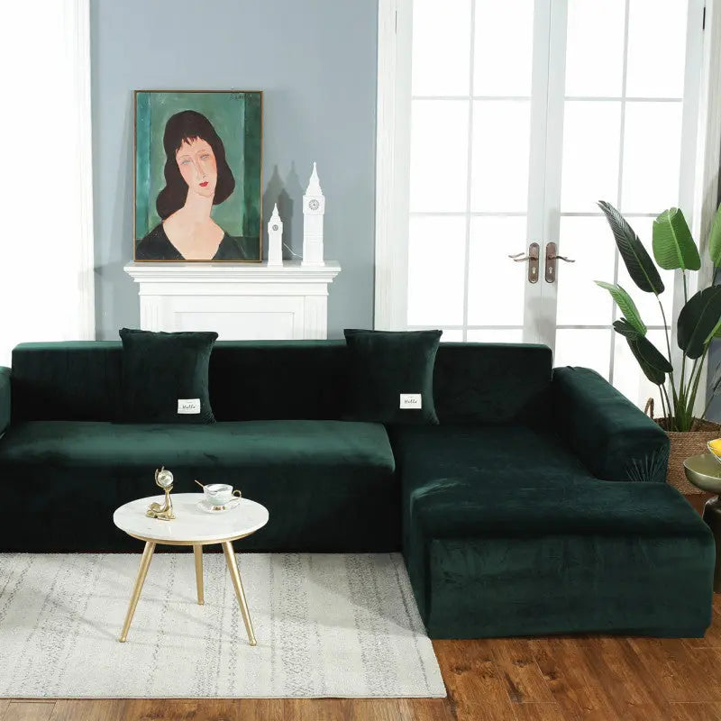 Corner Sofa Cover Plush Stretchable DOUCETTE Dark Green-Single