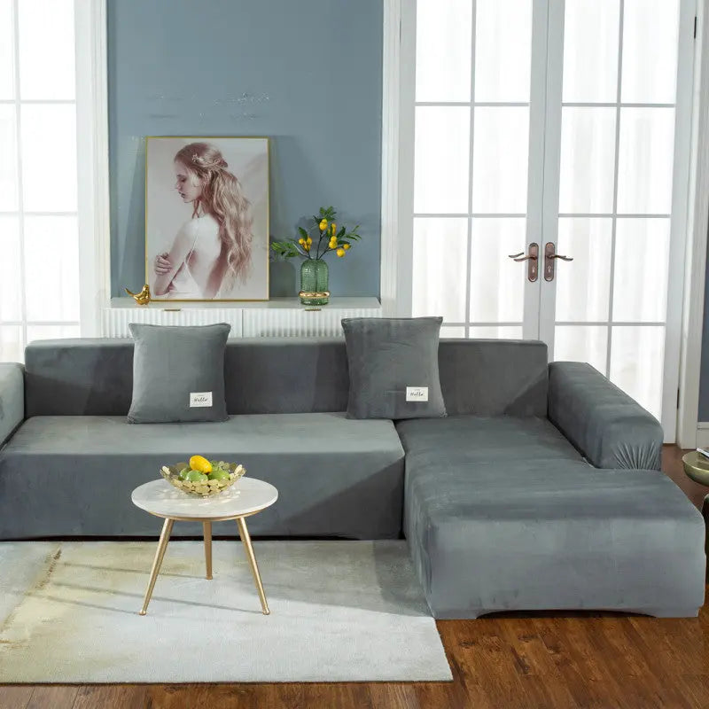 Corner Sofa Cover Plush Stretchable DOUCETTE Medium grey-Double seat