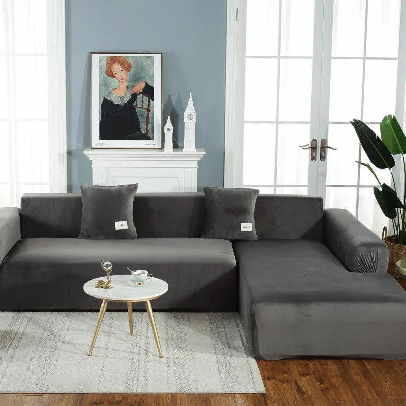 Corner Sofa Cover Plush Stretchable LUMIERA Dark Grey-Four people