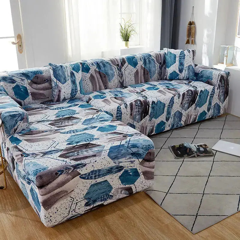 Corner Sofa Cover Stretch Pet-Friendly LUMINAIRE Blue and white porcelain leave-235x300cm 4Seat
