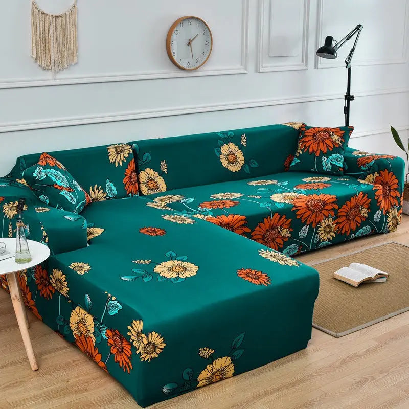 Corner Sofa Cover Stretchable Pet-Friendly LUMIELA Flower-Three people