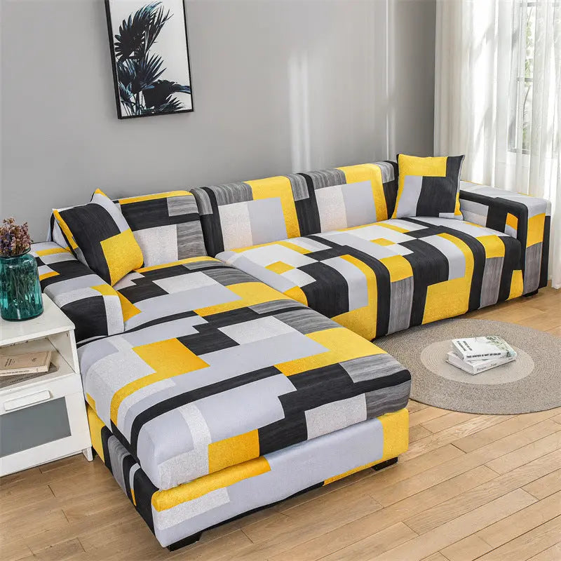 Corner Sofa Cover Stretchable Pet-Friendly LUMIERA Black And Gray Grid-Double Seat