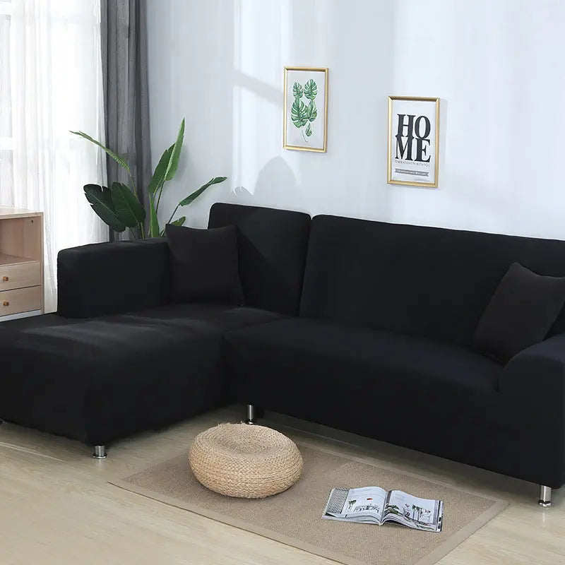 Corner Sofa Cover Stretchable Velour MARCELA Black-A