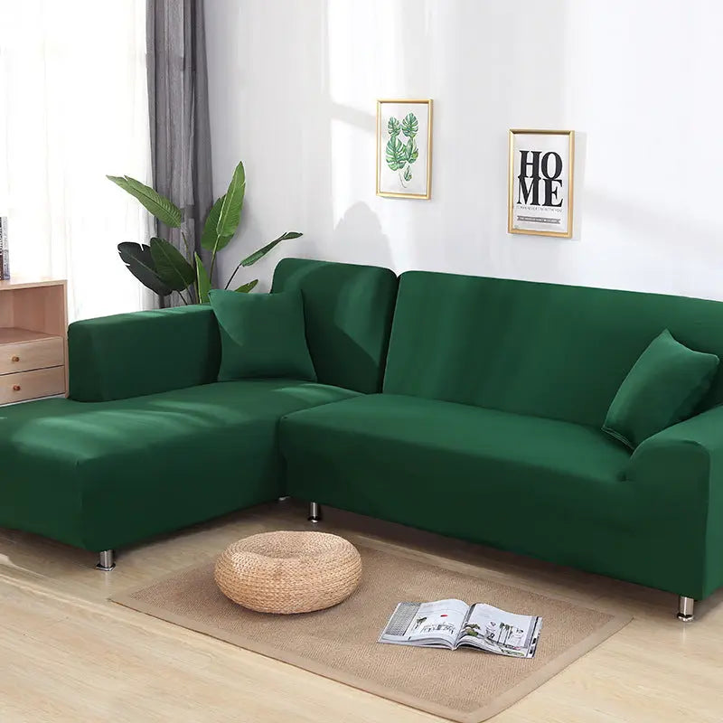 Corner Sofa Cover Stretchable Velour MARCELA Dark Green-D