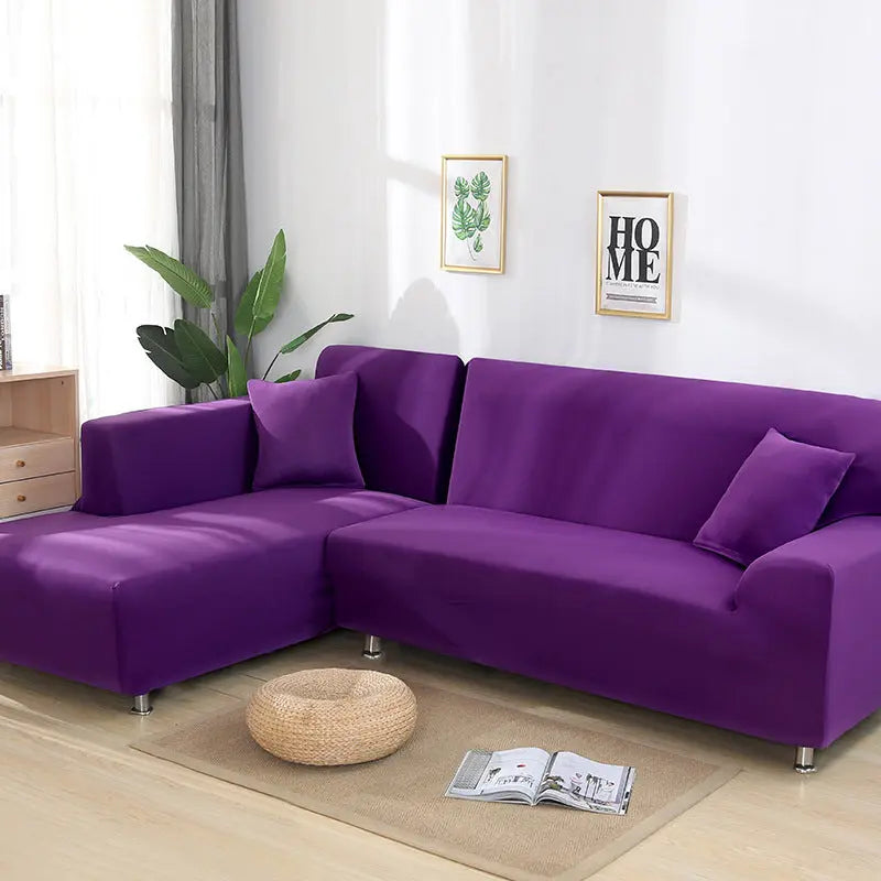 Corner Sofa Cover Stretchable Velour MARCELA Dark Purple-E