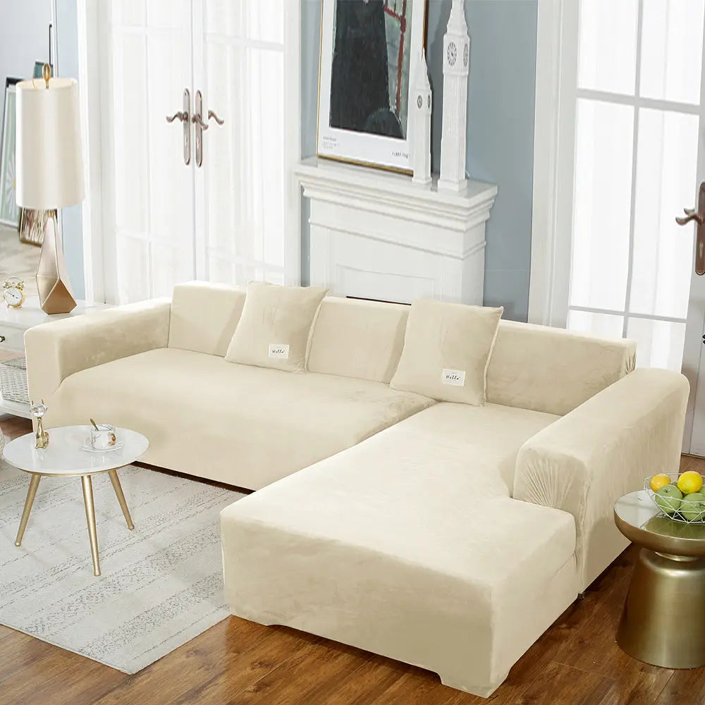 Corner Sofa Cover Velvet Stretchable LUMIÈRE Beige-195to230cm