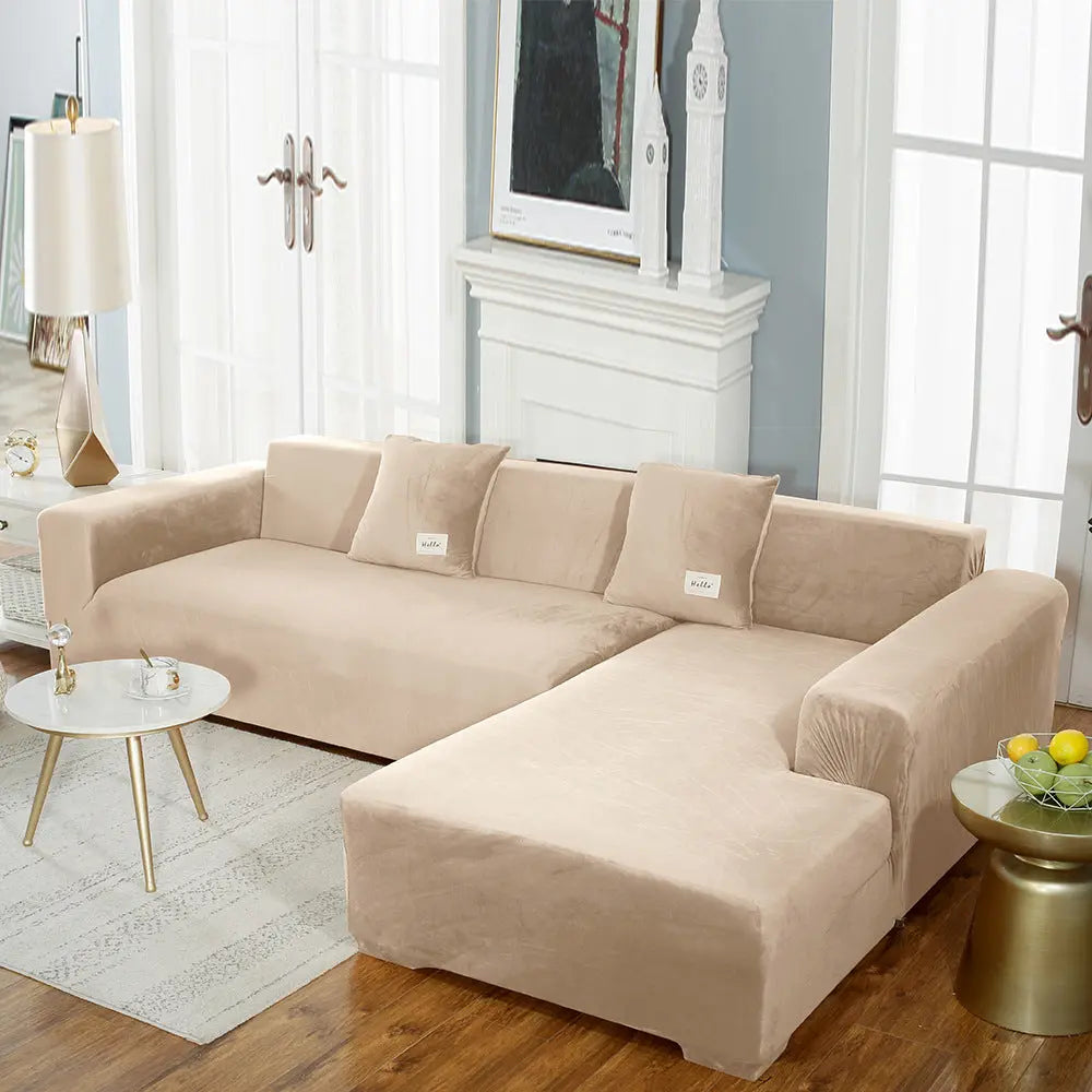 Corner Sofa Cover Velvet Stretchable LUMIÈRE Beige Gray-195to230cm