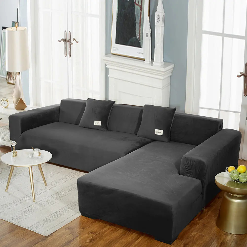 Corner Sofa Cover Velvet Stretchable LUMIÈRE Black-195to230cm