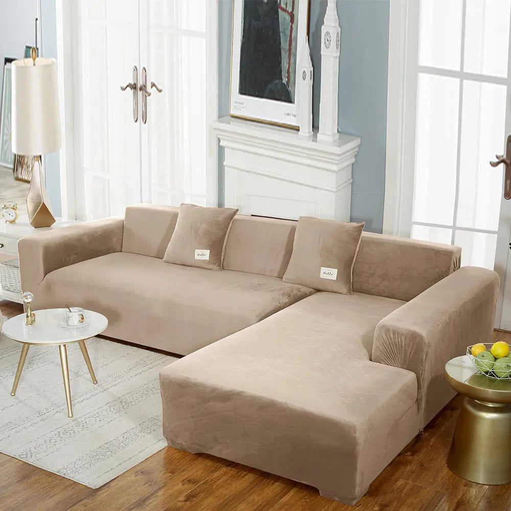 Corner Sofa Cover Velvet Stretchable LUMIÈRE Camel-145to185cm