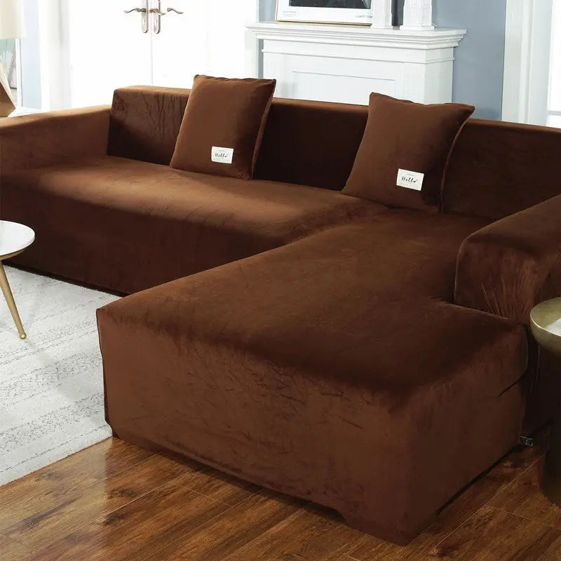 Corner Sofa Cover Velvet Stretchable LUMIÈRE Coffee-90to140cm