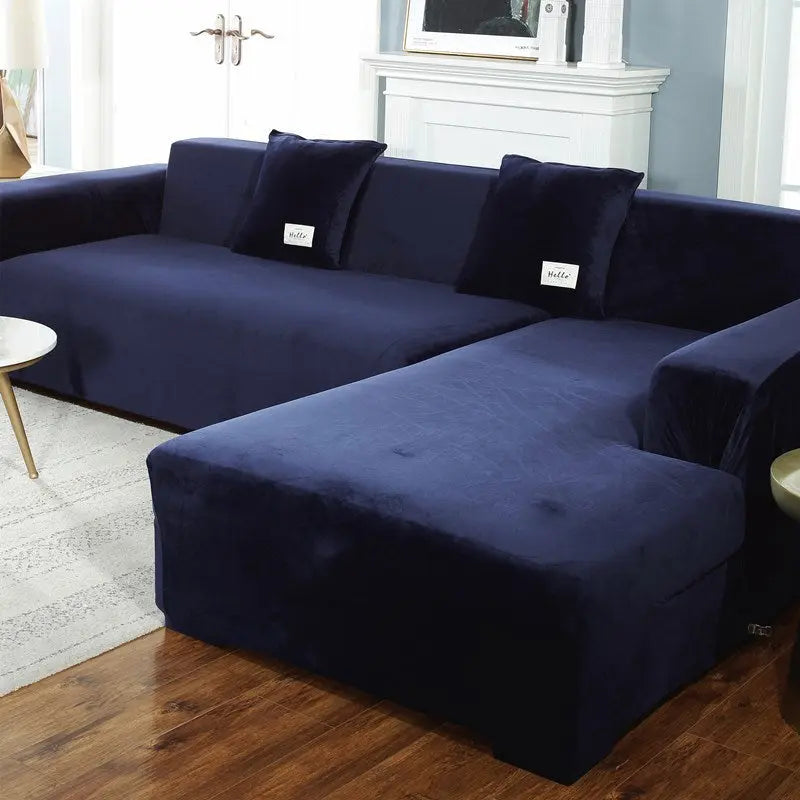 Corner Sofa Cover Velvet Stretchable LUMIÈRE Dark Blue-145to185cm