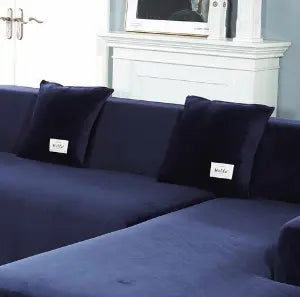 Corner Sofa Cover Velvet Stretchable LUMIÈRE Dark Blue two pillowcases-45x45cm