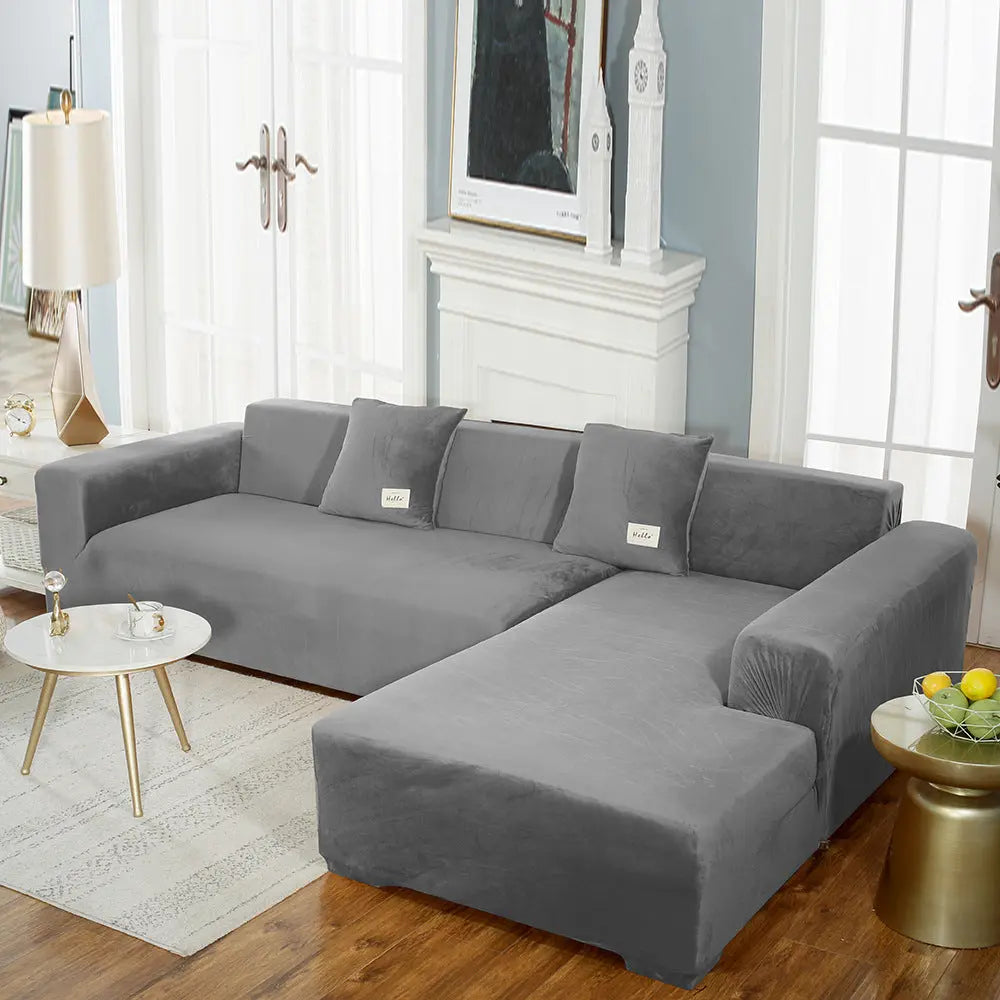 Corner Sofa Cover Velvet Stretchable LUMIÈRE Dark Gray-195to230cm