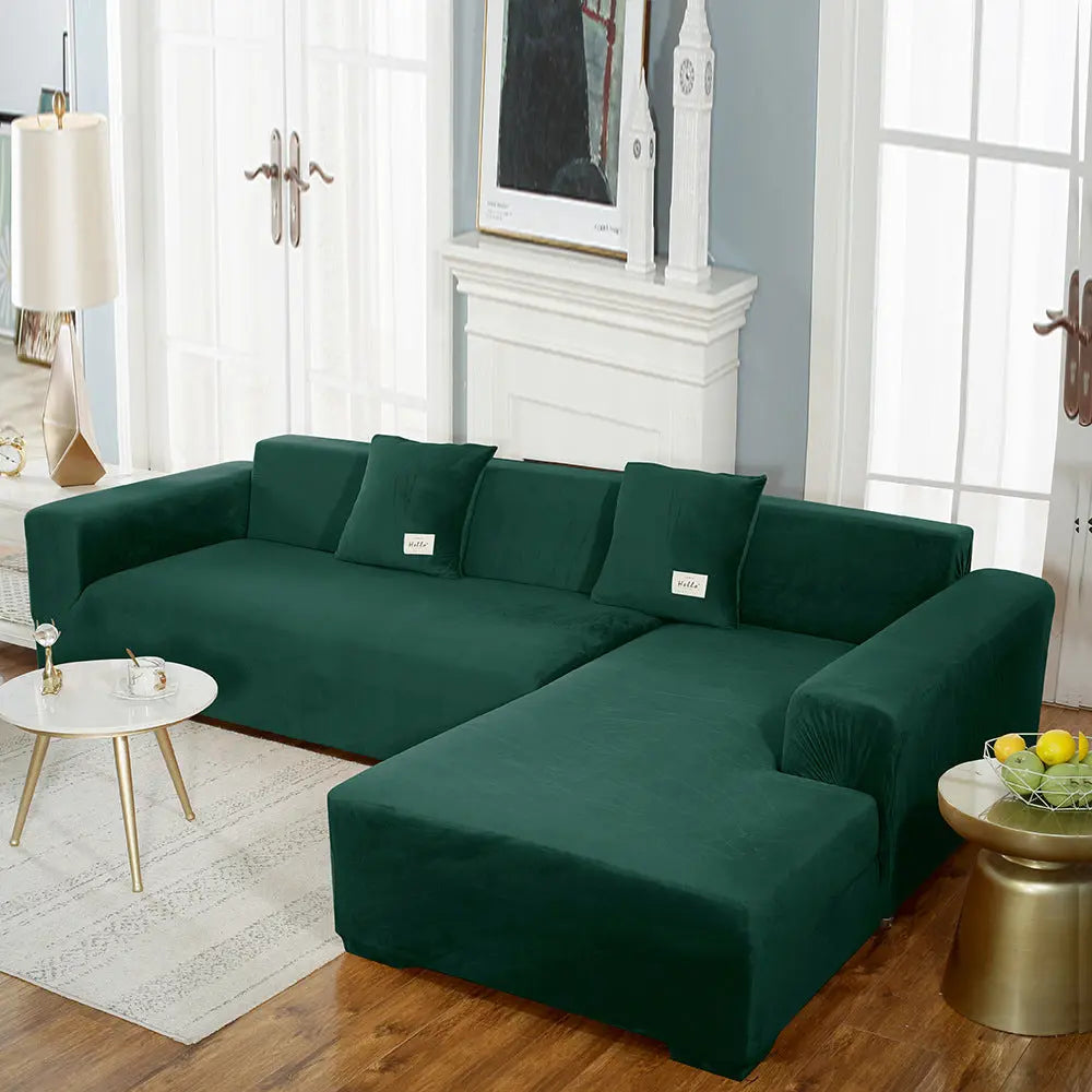 Corner Sofa Cover Velvet Stretchable LUMIÈRE Dark Green-195to230cm