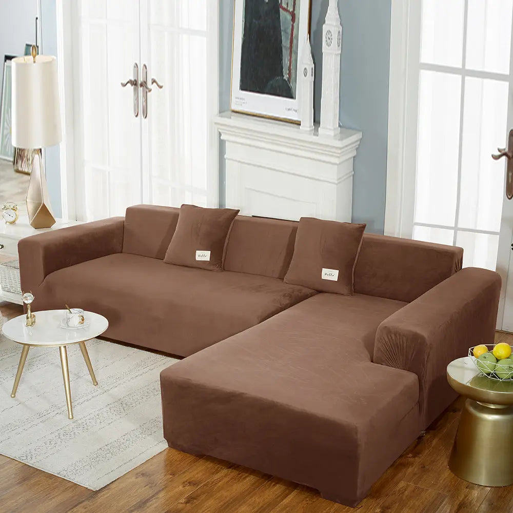 Corner Sofa Cover Velvet Stretchable LUMIÈRE Deep Coffee-145to185cm