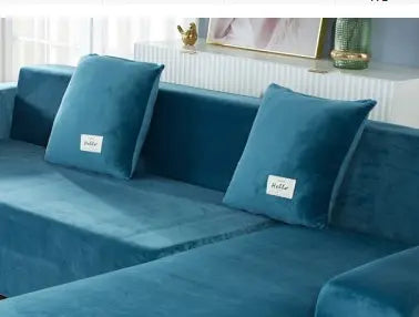 Corner Sofa Cover Velvet Stretchable LUMIÈRE Lake blue two pillowcases-45x45cm
