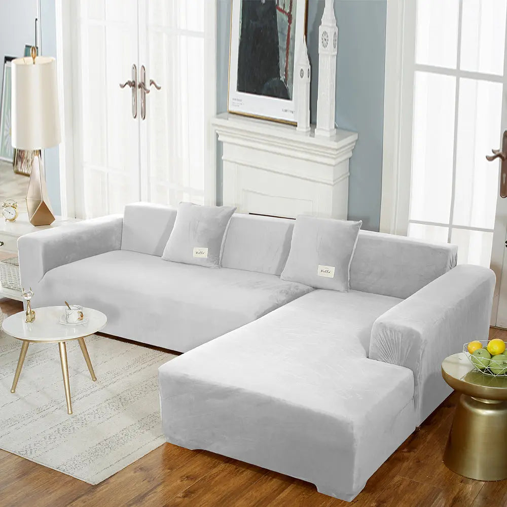 Corner Sofa Cover Velvet Stretchable LUMIÈRE Light Gray-145to185cm
