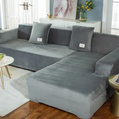 Corner Sofa Cover Velvet Stretchable LUMIÈRE Light gray-235to300cm