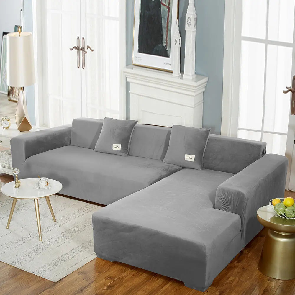 Corner Sofa Cover Velvet Stretchable LUMIÈRE Medium Gray-145to185cm