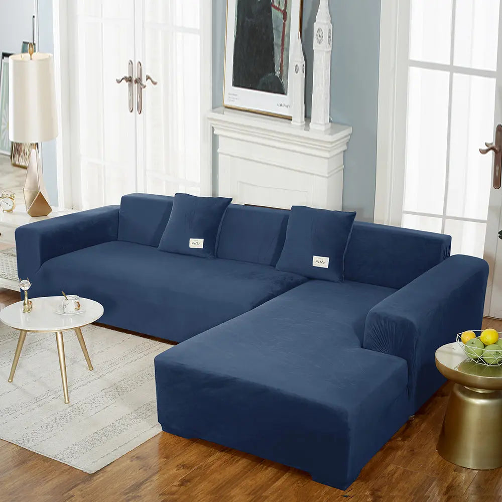 Corner Sofa Cover Velvet Stretchable LUMIÈRE Navy Blue-Single Seat 90to140cm