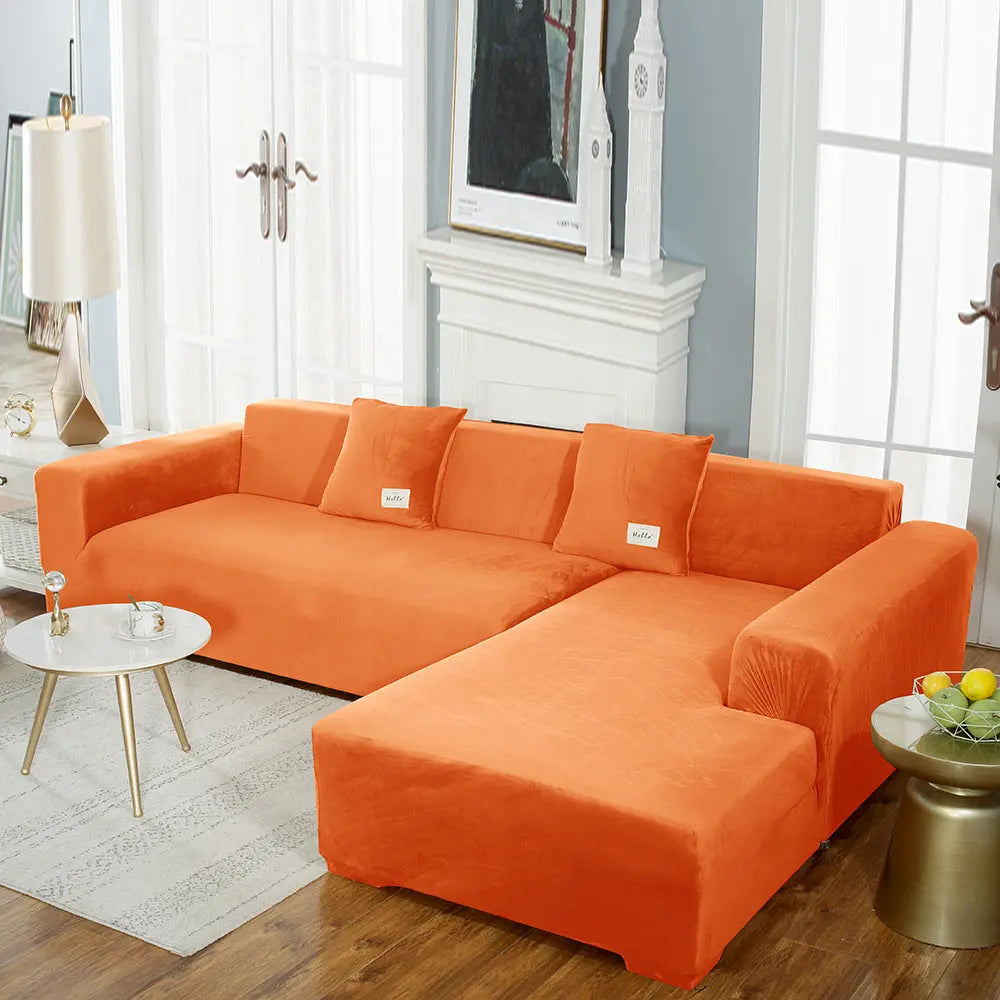 Corner Sofa Cover Velvet Stretchable LUMIÈRE Orange-145to185cm