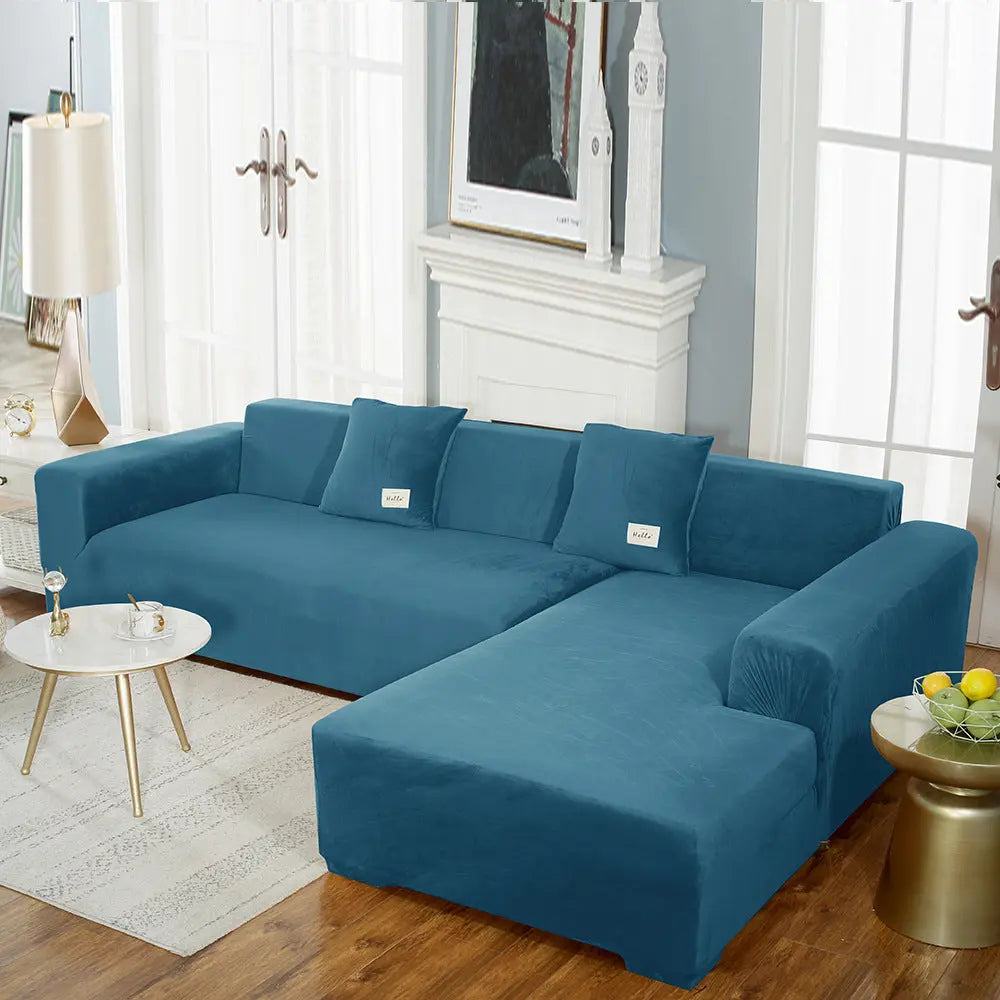 Corner Sofa Cover Velvet Stretchable LUMIÈRE Peacock Blue-235to300cm