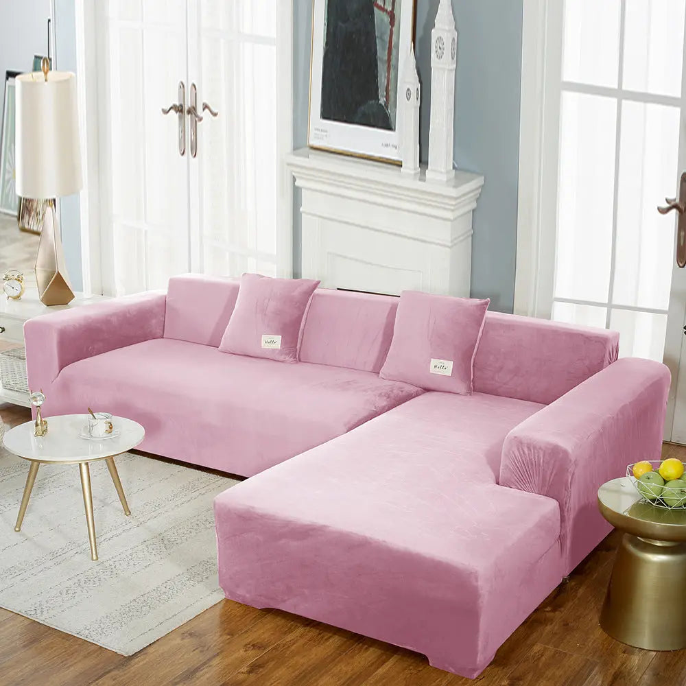 Corner Sofa Cover Velvet Stretchable LUMIÈRE Pink-235to300cm