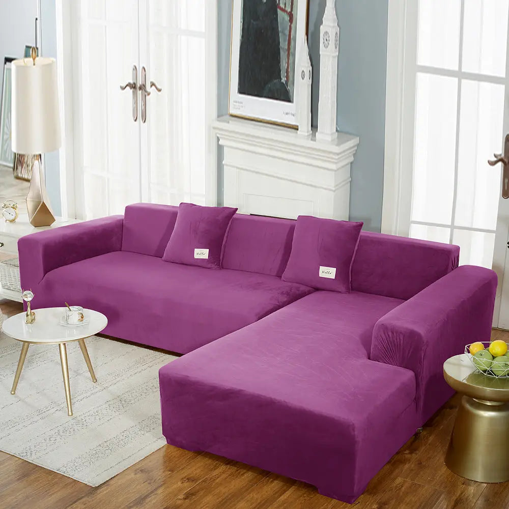 Corner Sofa Cover Velvet Stretchable LUMIÈRE Purple-145to185cm